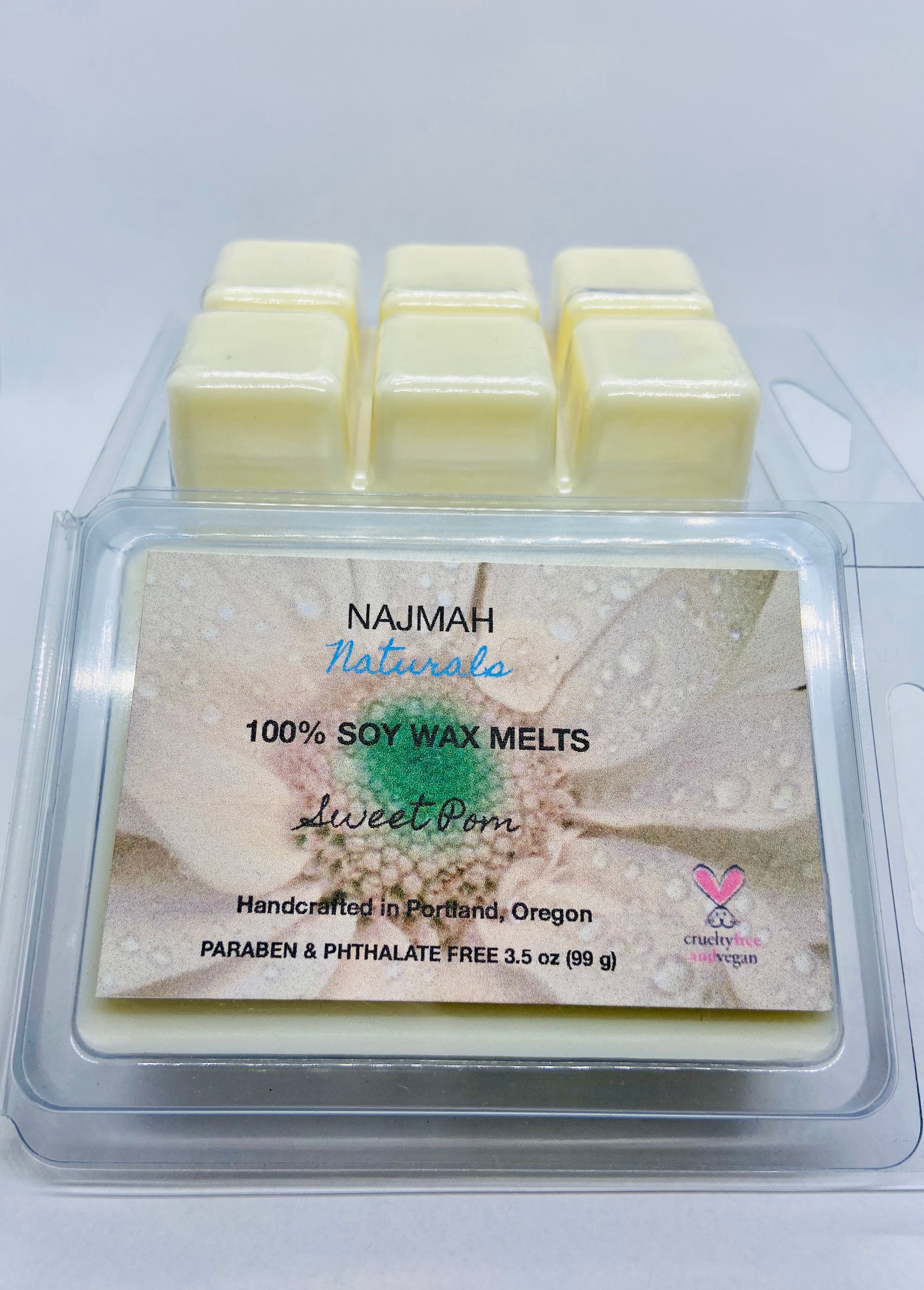 Najmah Naturals Wax Melts are handcrafted from 100% Natural Soy Wax, High Quality Fragrance and Essential Oils. All fragrances and essential oils used are vegan, paraben, formaldehyde and phthalate free. All colors are achieved by using plant-based ingredients. No wick or flame is needed.