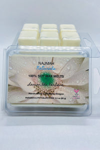 Najmah Naturals Wax Melts are handcrafted from 100% Natural Soy Wax, High Quality Fragrance and Essential Oils. All fragrances and essential oils used are vegan, paraben, formaldehyde and phthalate free. All colors are achieved by using plant-based ingredients. No wick or flame is needed.