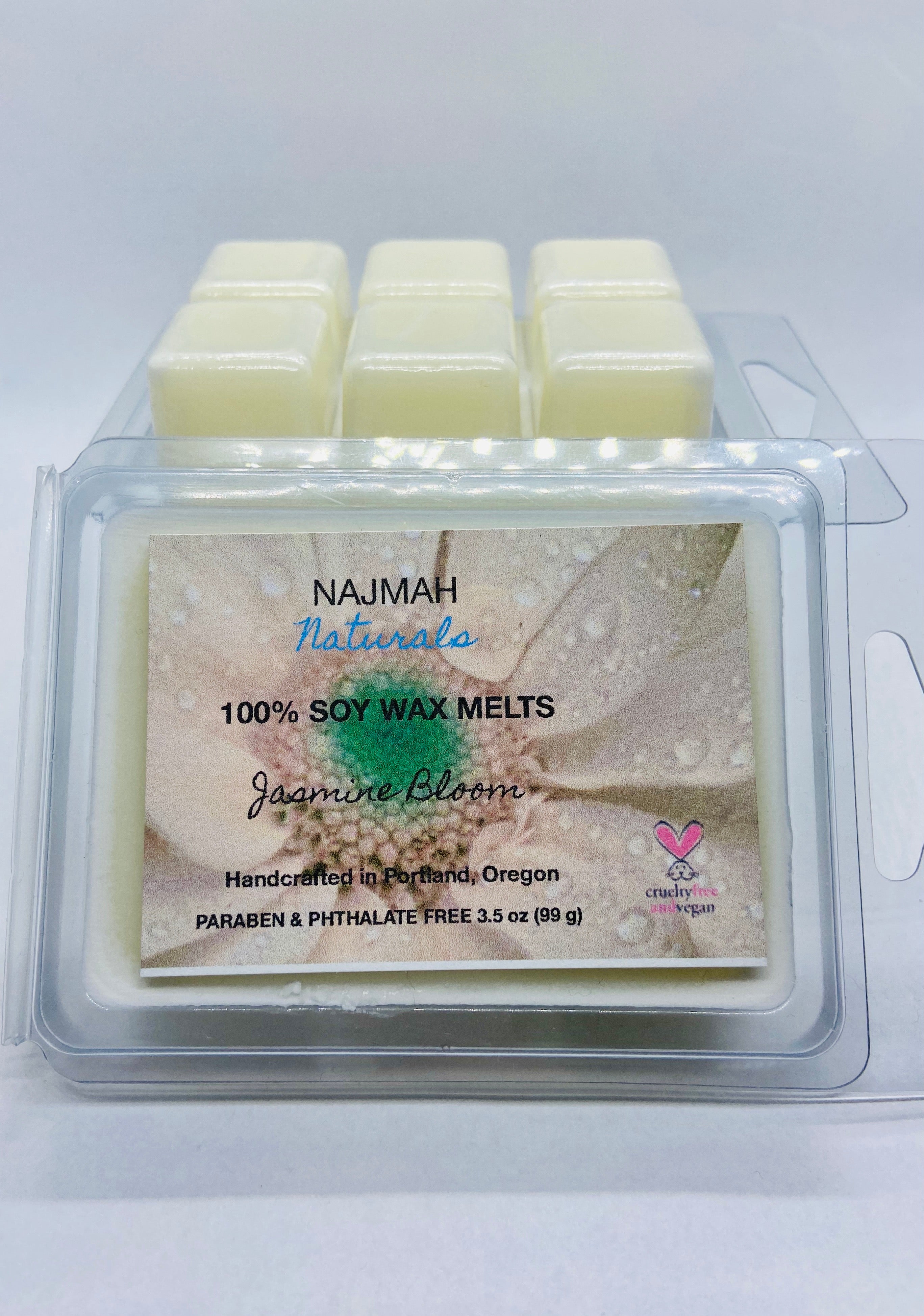 Najmah Naturals Wax Melts are handcrafted from 100% Natural Soy Wax, High Quality Fragrance and Essential Oils. All fragrances and essential oils used are vegan, paraben, formaldehyde and phthalate free. All colors are achieved by using plant-based ingredients. No wick or flame is needed.