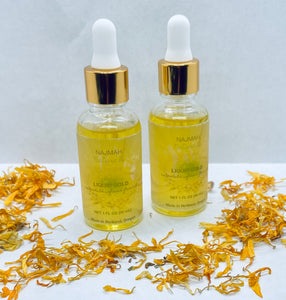 Our Liquid Gold Face Oil contains calendula officinalis infused jojoba, sweet almond, avocado, algae and organic essential oils. 