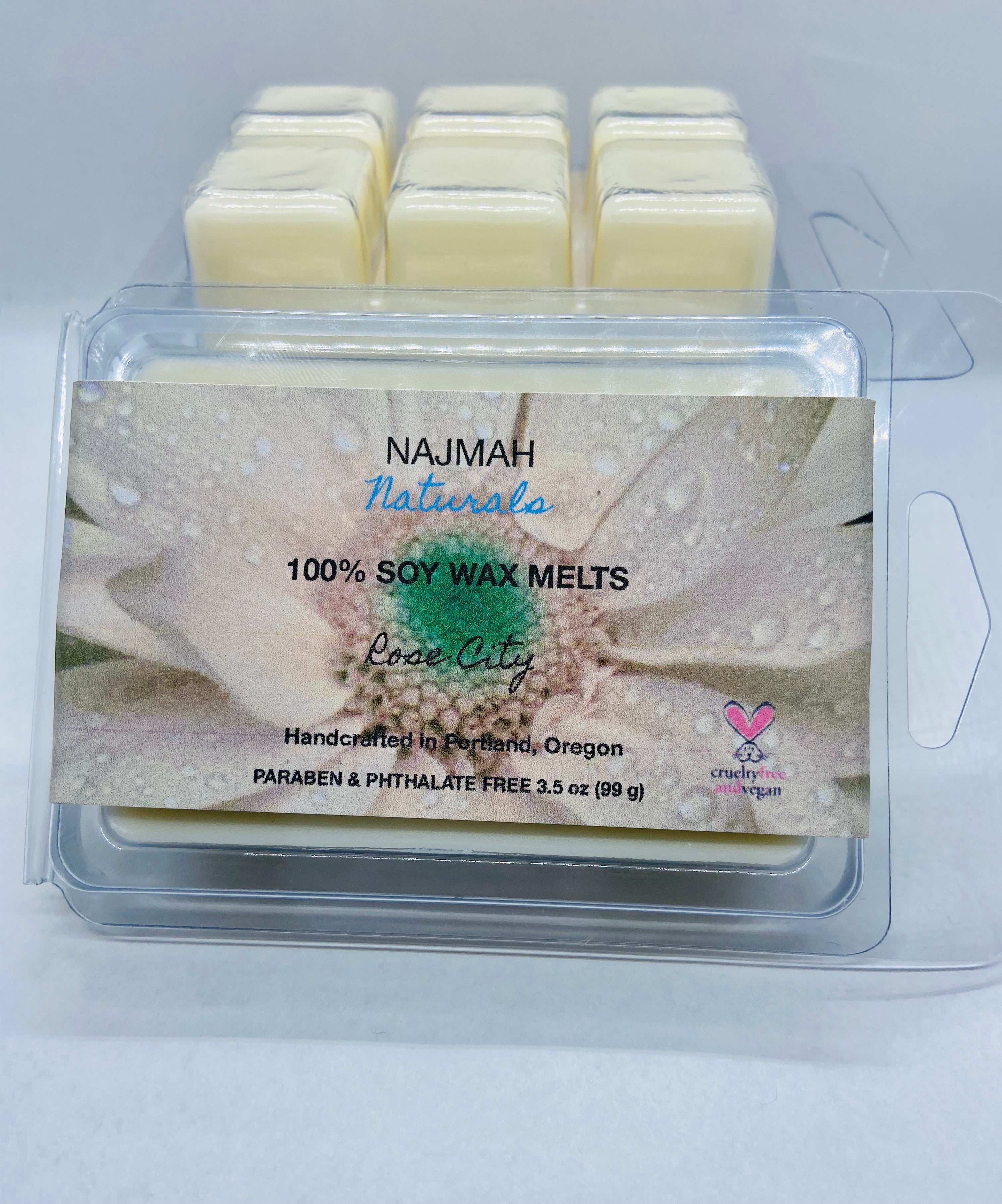 Najmah Naturals Wax Melts are handcrafted from 100% Natural Soy Wax, High Quality Fragrance and Essential Oils. All fragrances and essential oils used are vegan, paraben, formaldehyde and phthalate free. All colors are achieved by using plant-based ingredients. No wick or flame is needed.